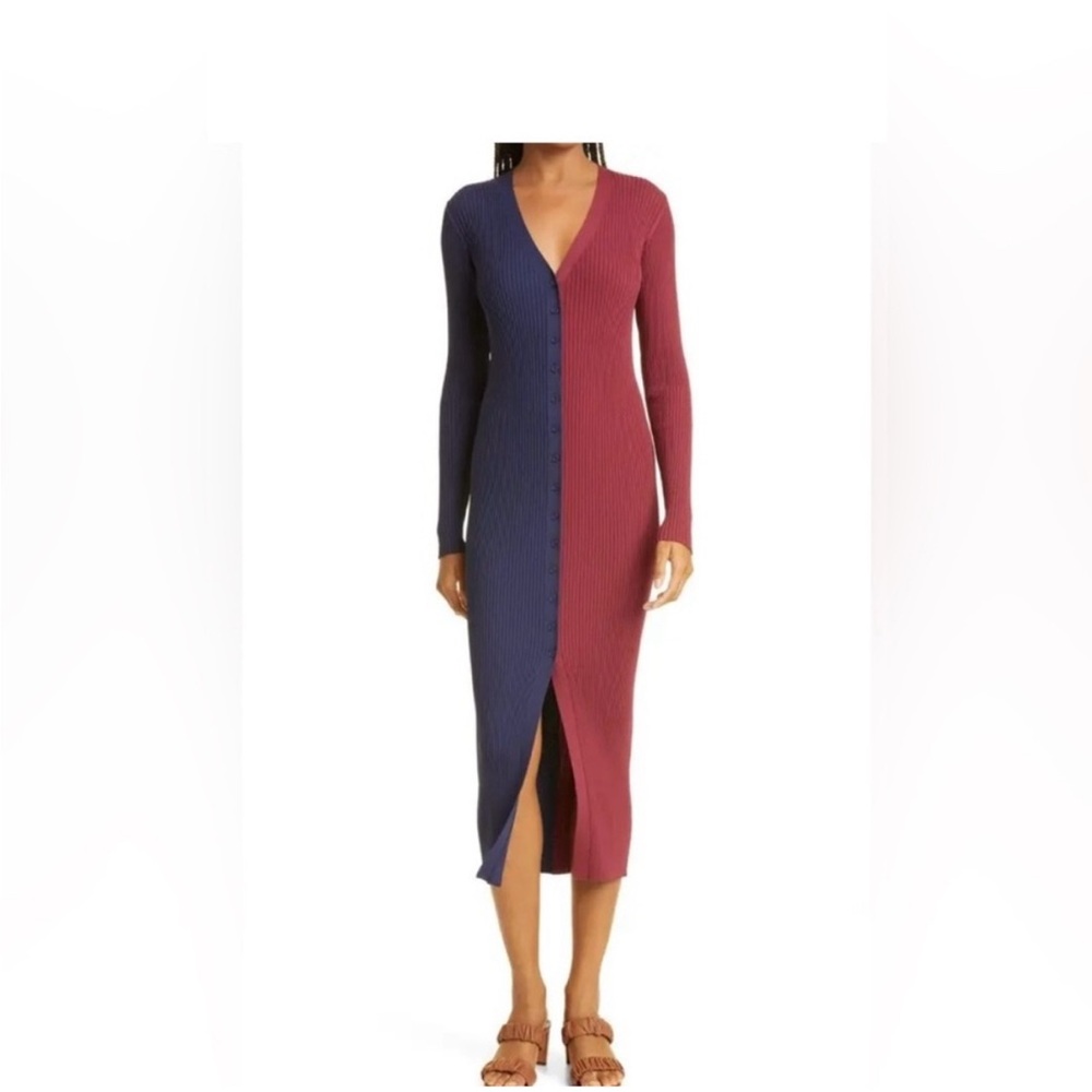STAUD Shoko Two-Tone Long Sleeve Midi Dress